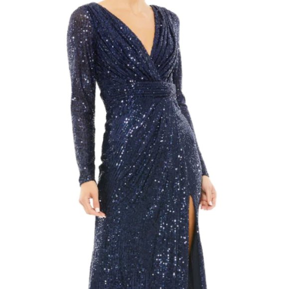 MAC DUGGAL 26555 SEQUINED LONG SLEEVE MIDNIGHT NAVY MIDI DRESS sz 12 - Picture 1 of 6